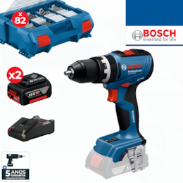 Aparafusadora Bosch Profissional GSB 18V-65 + 2 Baterias 18V 4.0Ah + Carregador + Mala c/ 82 Acessórios (06019N3307)