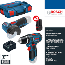 Kit Bosch Rebarbadora GWS 12V-76 76MM + Aparafusadora GSR 12V-15 + 2 Baterias 12V 2.0Ah + Carregador + Mala