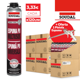 Espuma Poliuretano Soudal Multiusos Universal p/ Pistola 750ML - 120UNI + OFERTA de Pistola PU